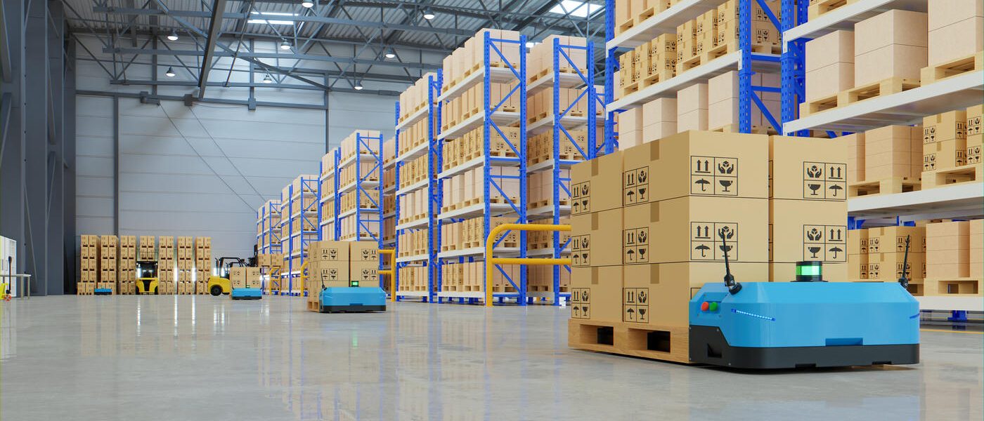 Robots efficiently sorting hundreds of parcels per hour,pallet lifter AGV.3d rendering